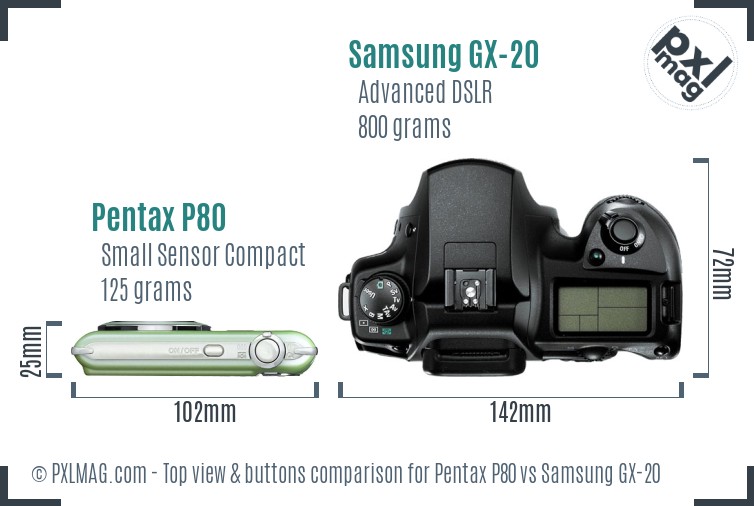 Pentax P80 vs Samsung GX-20 top view buttons comparison