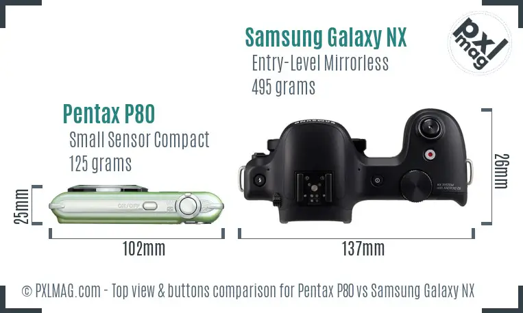 Pentax P80 vs Samsung Galaxy NX top view buttons comparison Pentax P80 vs Samsung Galaxy NX top view buttons comparison