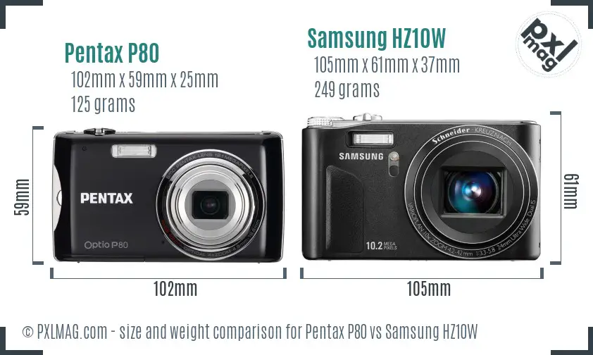 Pentax P80 vs Samsung HZ10W size comparison