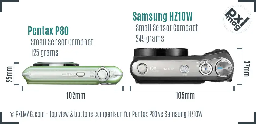 Pentax P80 vs Samsung HZ10W top view buttons comparison
