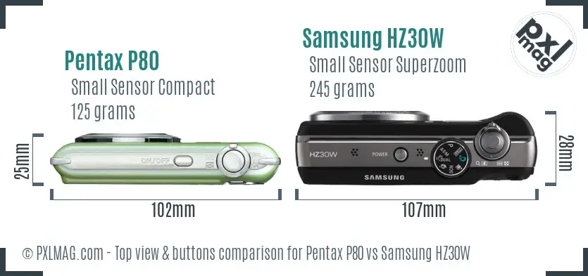 Pentax P80 vs Samsung HZ30W top view buttons comparison
