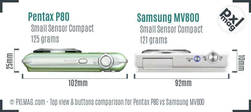 Pentax P80 vs Samsung MV800 top view buttons comparison Pentax P80 vs Samsung MV800 top view buttons comparison