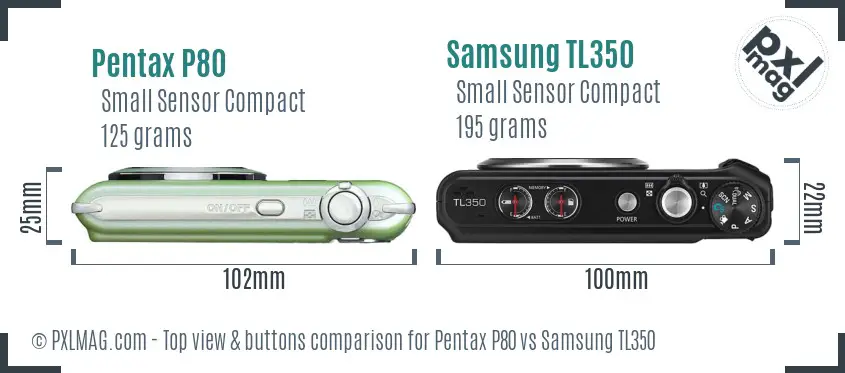 Pentax P80 vs Samsung TL350 top view buttons comparison Pentax P80 vs Samsung TL350 top view buttons comparison