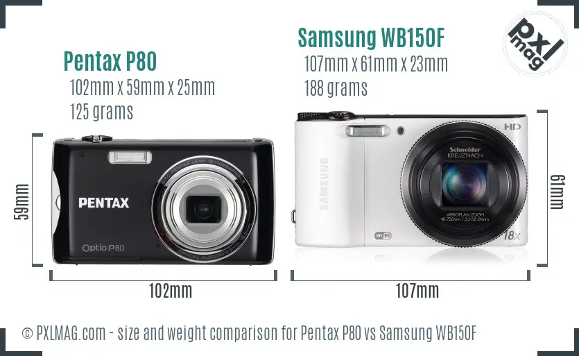 Pentax P80 vs Samsung WB150F size comparison Pentax P80 vs Samsung WB150F size comparison
