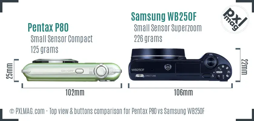 Pentax P80 vs Samsung WB250F top view buttons comparison Pentax P80 vs Samsung WB250F top view buttons comparison
