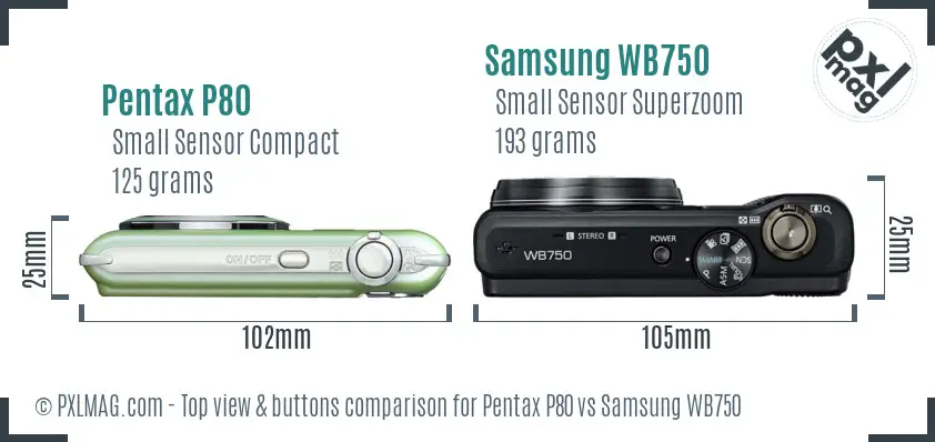 Pentax P80 vs Samsung WB750 top view buttons comparison Pentax P80 vs Samsung WB750 top view buttons comparison