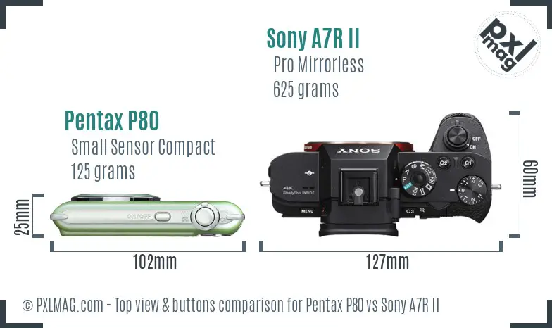 Pentax P80 vs Sony A7R II top view buttons comparison