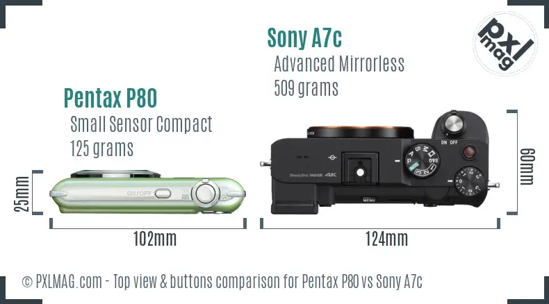 Pentax P80 vs Sony A7c top view buttons comparison Pentax P80 vs Sony A7c top view buttons comparison