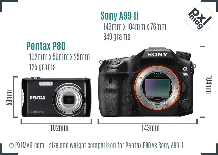 Pentax P80 vs Sony A99 II size comparison