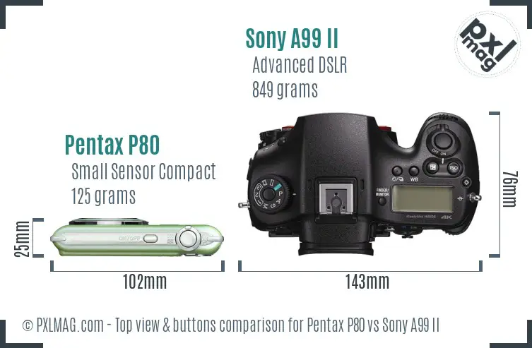 Pentax P80 vs Sony A99 II top view buttons comparison