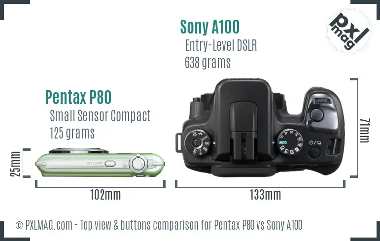 Pentax P80 vs Sony A100 top view buttons comparison