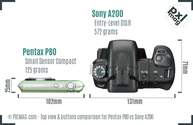 Pentax P80 vs Sony A200 top view buttons comparison