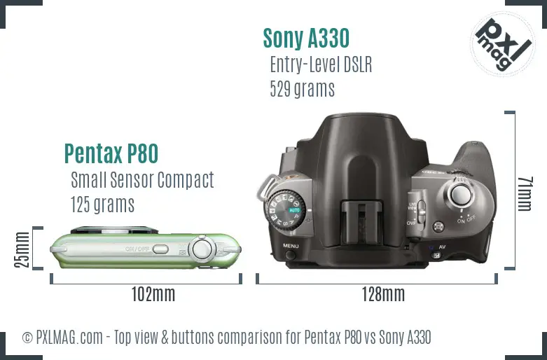 Pentax P80 vs Sony A330 top view buttons comparison Pentax P80 vs Sony A330 top view buttons comparison