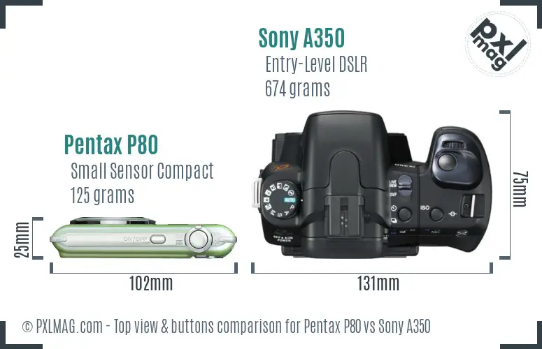 Pentax P80 vs Sony A350 top view buttons comparison Pentax P80 vs Sony A350 top view buttons comparison