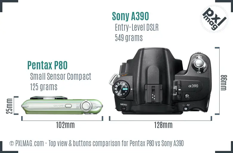 Pentax P80 vs Sony A390 top view buttons comparison