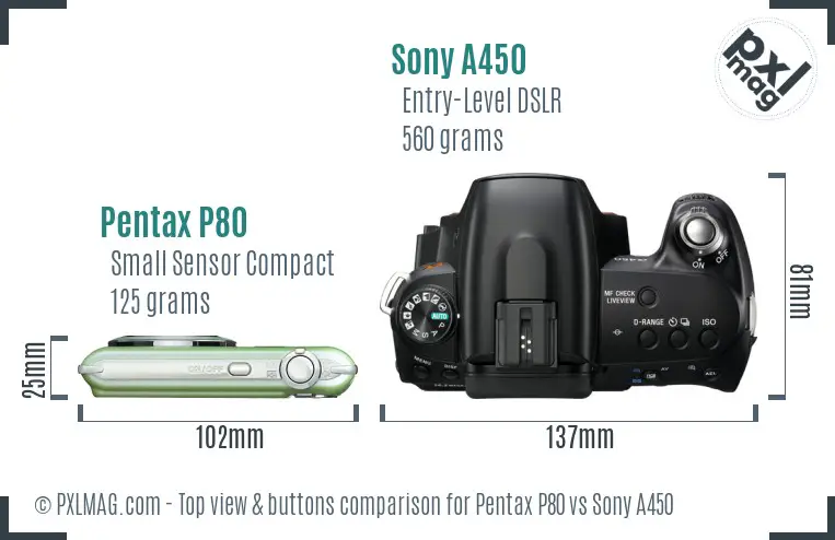 Pentax P80 vs Sony A450 top view buttons comparison Pentax P80 vs Sony A450 top view buttons comparison