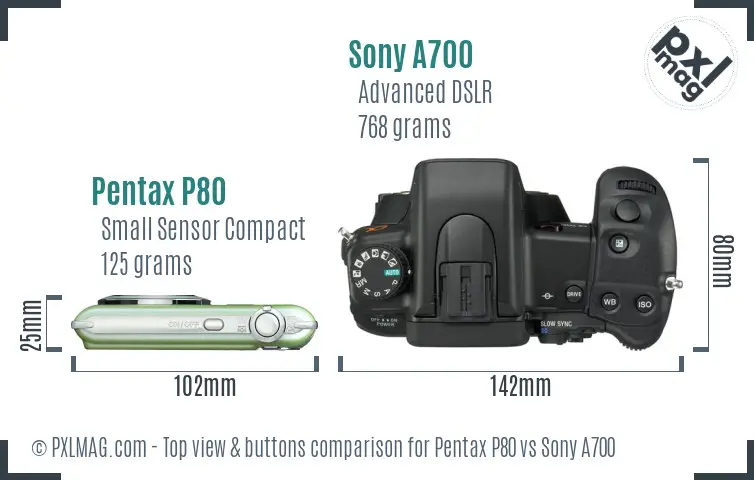 Pentax P80 vs Sony A700 top view buttons comparison Pentax P80 vs Sony A700 top view buttons comparison
