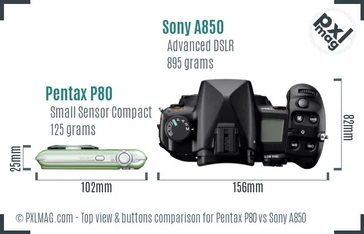 Pentax P80 vs Sony A850 top view buttons comparison Pentax P80 vs Sony A850 top view buttons comparison