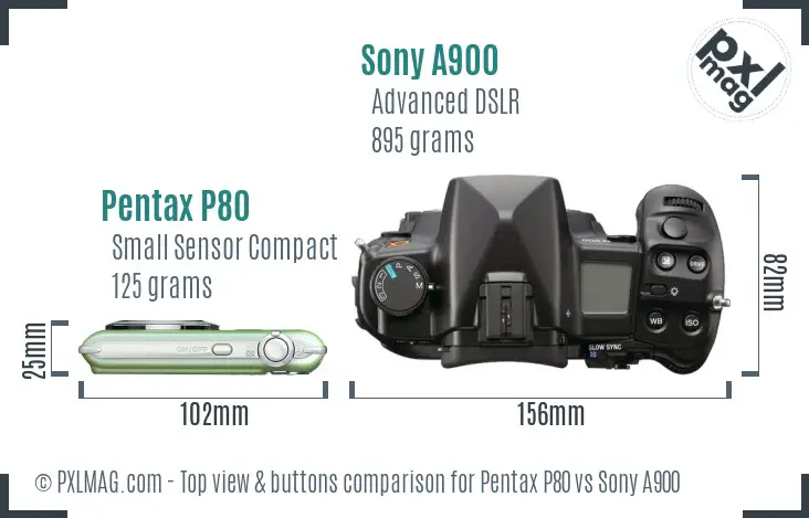 Pentax P80 vs Sony A900 top view buttons comparison