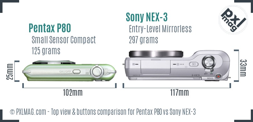 Pentax P80 vs Sony NEX-3 top view buttons comparison