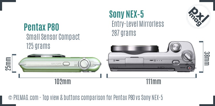 Pentax P80 vs Sony NEX-5 top view buttons comparison