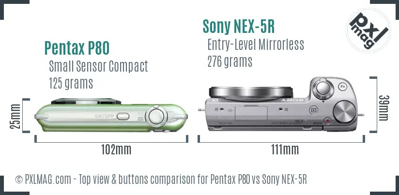 Pentax P80 vs Sony NEX-5R top view buttons comparison