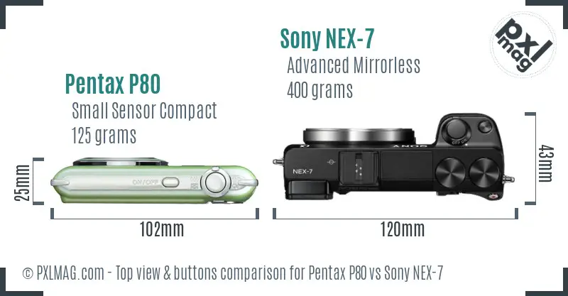 Pentax P80 vs Sony NEX-7 top view buttons comparison