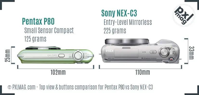 Pentax P80 vs Sony NEX-C3 top view buttons comparison
