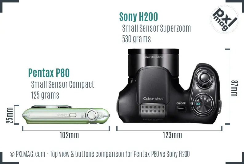 Pentax P80 vs Sony H200 top view buttons comparison Pentax P80 vs Sony H200 top view buttons comparison
