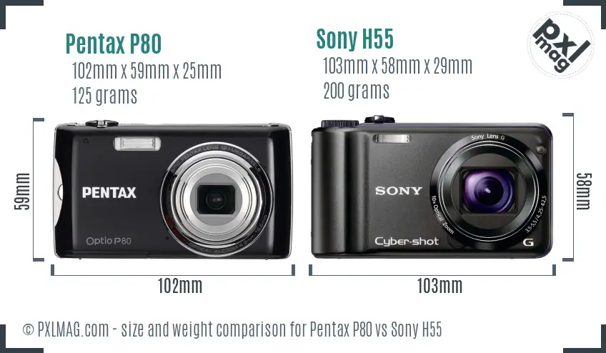 Pentax P80 vs Sony H55 size comparison