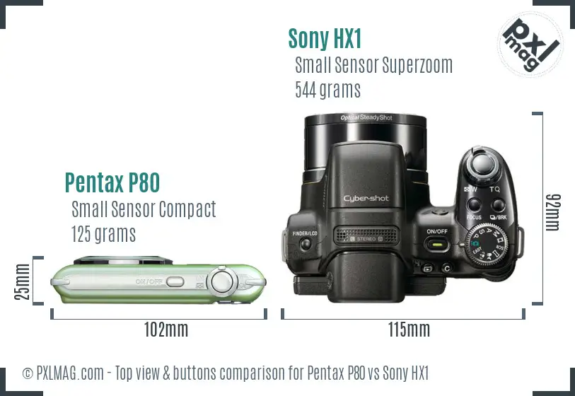 Pentax P80 vs Sony HX1 top view buttons comparison