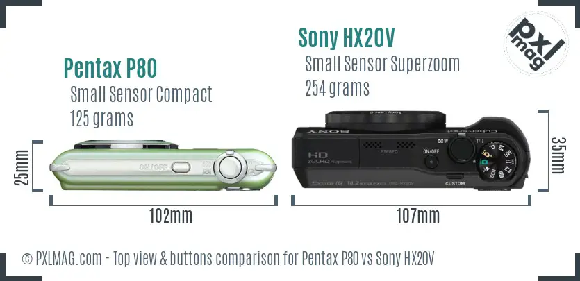 Pentax P80 vs Sony HX20V top view buttons comparison