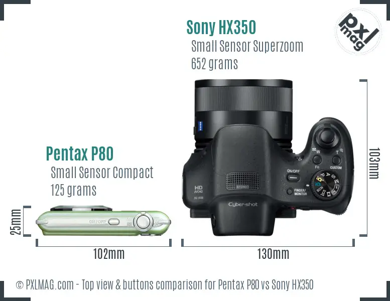 Pentax P80 vs Sony HX350 top view buttons comparison Pentax P80 vs Sony HX350 top view buttons comparison