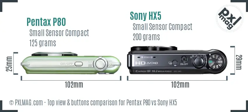 Pentax P80 vs Sony HX5 top view buttons comparison