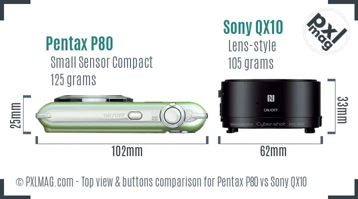 Pentax P80 vs Sony QX10 top view buttons comparison