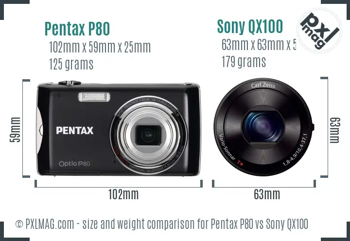 Pentax P80 vs Sony QX100 size comparison