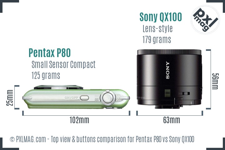 Pentax P80 vs Sony QX100 top view buttons comparison