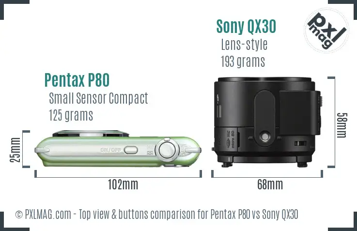 Pentax P80 vs Sony QX30 top view buttons comparison