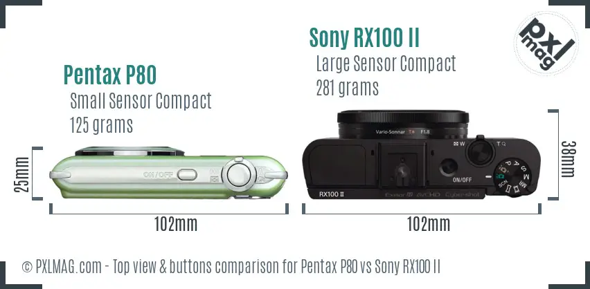 Pentax P80 vs Sony RX100 II top view buttons comparison Pentax P80 vs Sony RX100 II top view buttons comparison