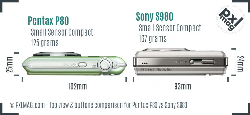 Pentax P80 vs Sony S980 top view buttons comparison Pentax P80 vs Sony S980 top view buttons comparison