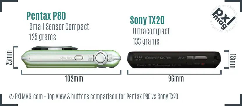 Pentax P80 vs Sony TX20 top view buttons comparison Pentax P80 vs Sony TX20 top view buttons comparison