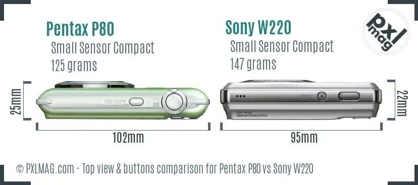 Pentax P80 vs Sony W220 top view buttons comparison