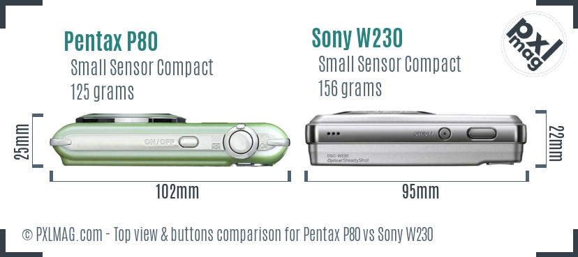 Pentax P80 vs Sony W230 top view buttons comparison