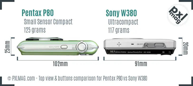 Pentax P80 vs Sony W380 top view buttons comparison