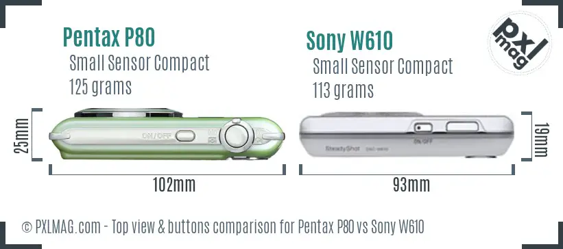 Pentax P80 vs Sony W610 top view buttons comparison