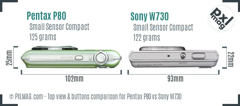 Pentax P80 vs Sony W730 top view buttons comparison
