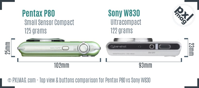 Pentax P80 vs Sony W830 top view buttons comparison