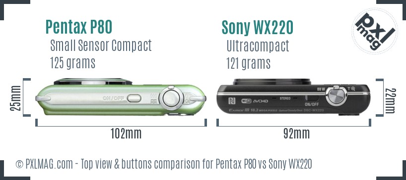 Pentax P80 vs Sony WX220 top view buttons comparison
