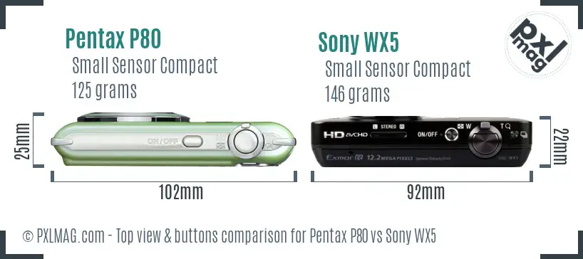 Pentax P80 vs Sony WX5 top view buttons comparison Pentax P80 vs Sony WX5 top view buttons comparison