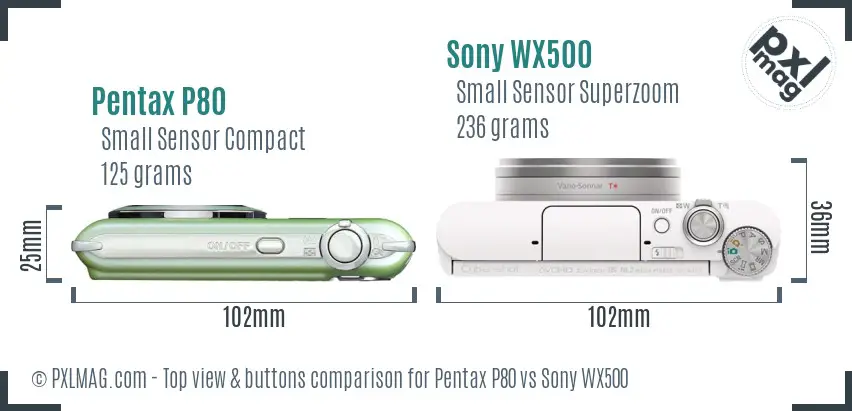 Pentax P80 vs Sony WX500 top view buttons comparison